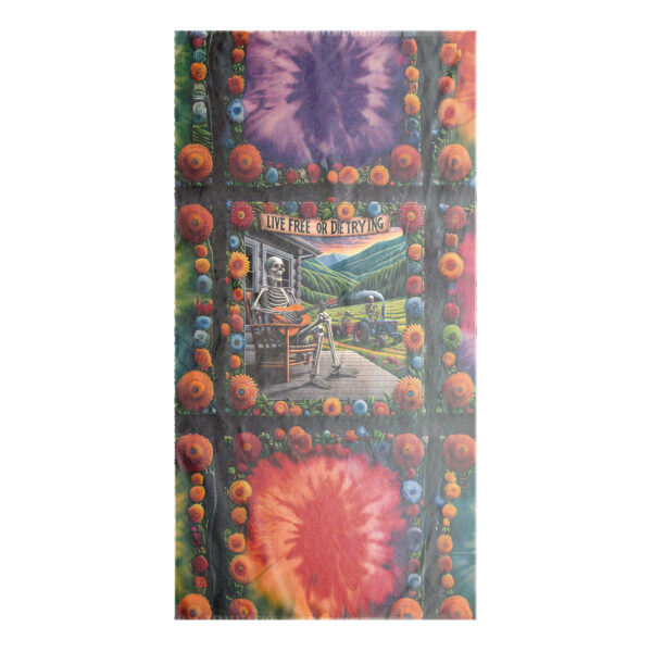 Live Free or Die Trying Skeleton Beach Towel – 30x60in Vibrant Tie-Dye Art for Music Lovers & Free Spirits