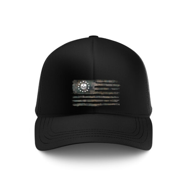 Tattered Camo American Flag Hat with Semper Fi Skull  | MADE IN USA