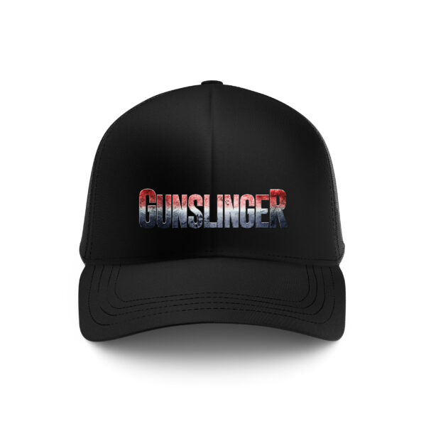 GUNSLINGER Trucker Hat – Red, White & Blue Distressed Text | Black | MADE IN USA